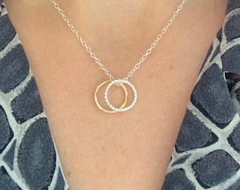 Gold and silver necklace, mixed metal necklace, silver ring necklace, gold ring necklace, rings necklace