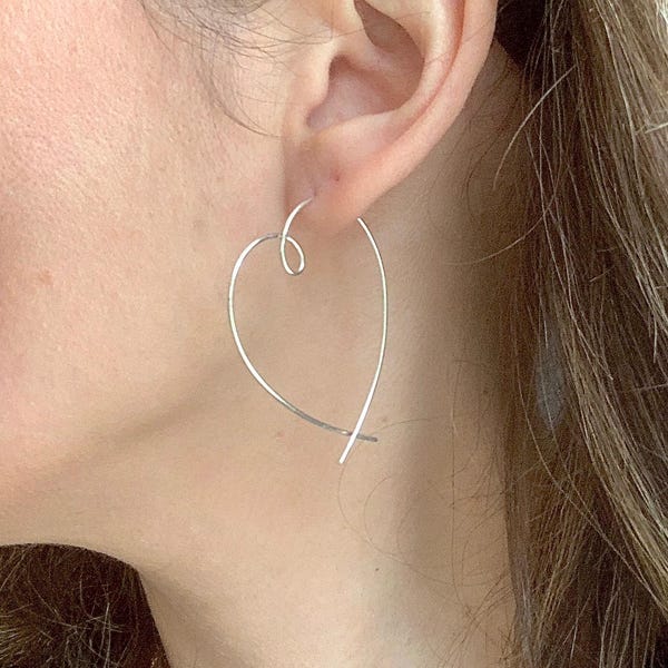 Silver heart hoop earrings, Sterling Silver Heart Threader Earrings