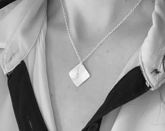 Silver square necklace, square sterling silver necklace, hammered silver necklace, rhombus necklace, large silver pendant