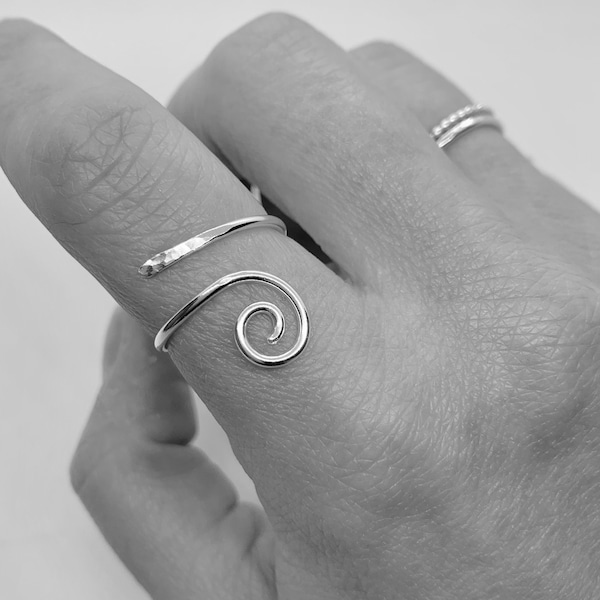 Adjustable silver ring, silver wave ring, silver spiral ring, hammered silver ring, silver swirl ring
