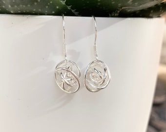 Love knot earrings, sterling silver knot earrings, wire ball earrings, silver sphere earrings, silver nest earrings, silver earrings