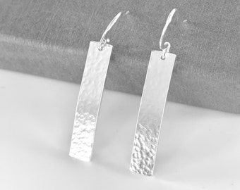 Large silver earrings, sterling silver bar earrings, hammered silver earrings, gift for her