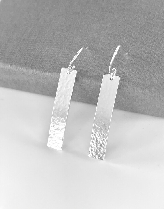 Large Silver Earrings Sterling Silver Bar Earrings Hammered