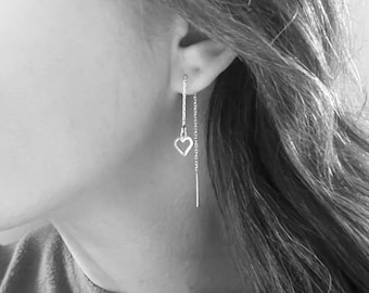 Heart chain threader earrings, sterling silver chain threaders, chain pull through earrings, heart pull through earrings