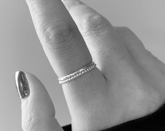 Sterling Silver Stacking Ring Set: Beaded & Hammered Silver Rings
