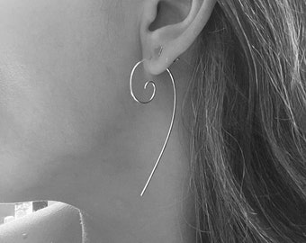 Large silver spiral earrings, sterling silver threader earrings, silver thread through earrings, large silver earrings