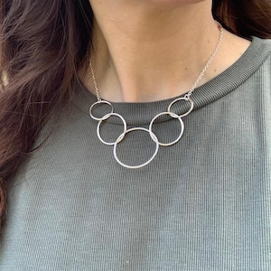 Large Sterling Silver Circle Chain Necklace - 50th Birthday Gift, five silver circle necklace