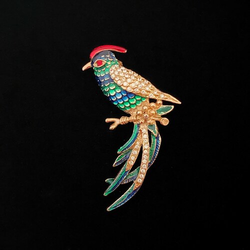 Set of 3 Colorful VINTAGE Enamel & Rhinestone Figural Tropical Bird Pins | 2.8