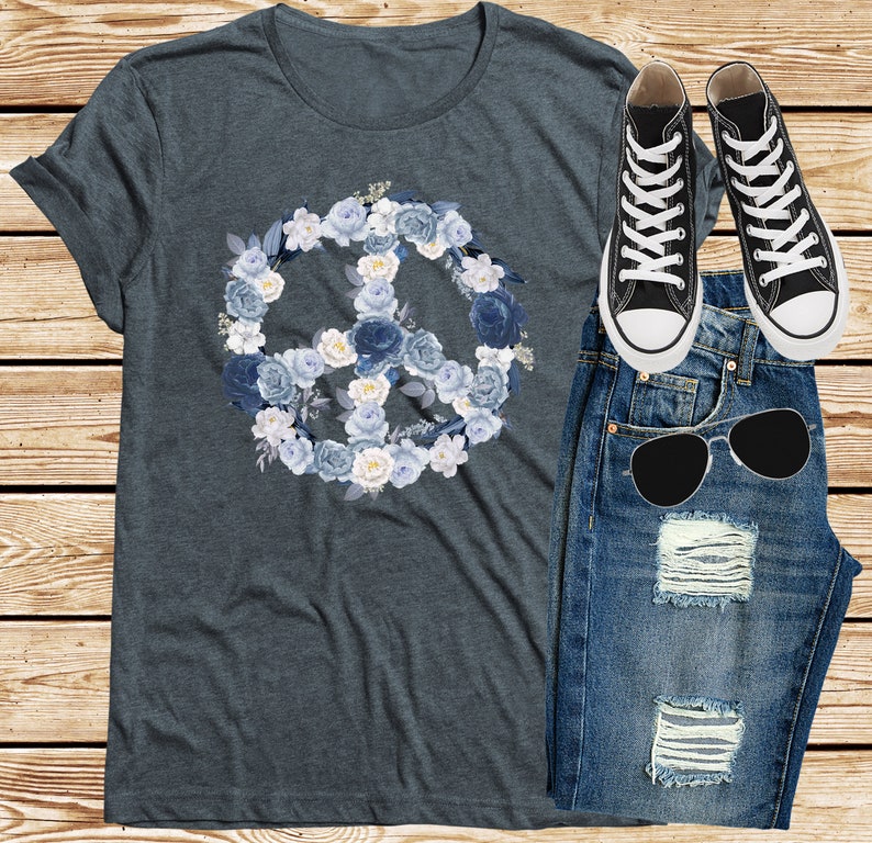Blooms Hope Beauty Unisex T-Shirt S Blue Flowers Peace Sign Floral Flower Tshirt 3XL