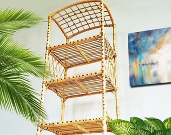 76" extra tall rattan shelf vintage wicker arched top bookcase planter stand Vinyl record storage kitchen, living room shelving unit