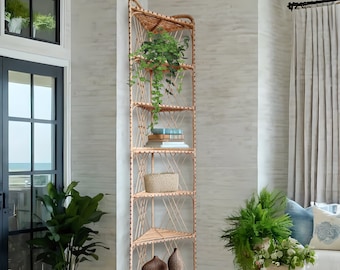 84” extra tall corner shelf, rattan shelf, wicker shelf, rattan cabinet, arch bookcase, wicker furniture, rattan furniture, shelving unit