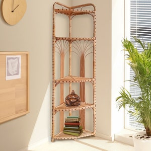 60” tall corner shelf, rattan shelf, wicker shelf, rattan cabinet, arch bookcase, wicker furniture, rattan furniture, shelving unit