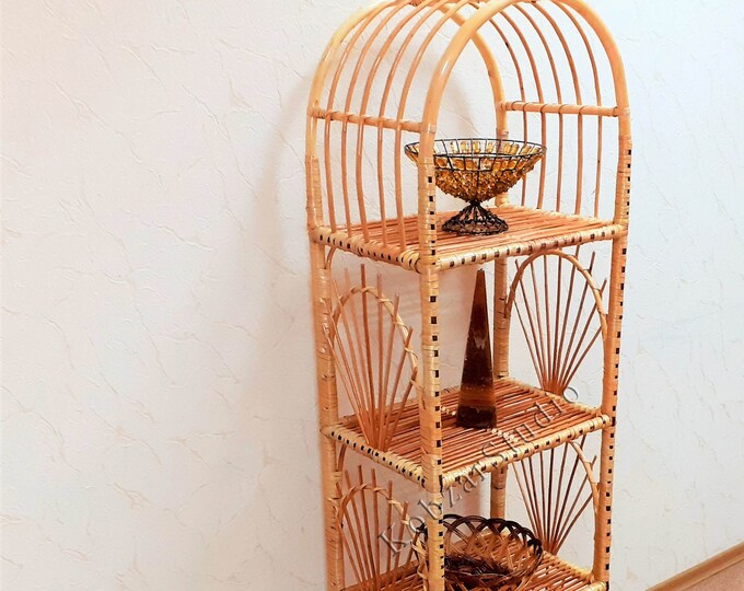 56/69 inch tall vintage shelf, rattan shelf, wicker shelf, planter arched bookcase wicker furniture, rattan furniture kitchen shelving unit
