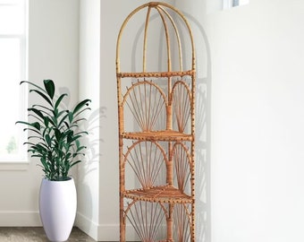 60”/72” tall corner shelf, rattan shelf, wicker shelf, rattan cabinet, arch bookcase, wicker furniture, rattan furniture, shelving unit