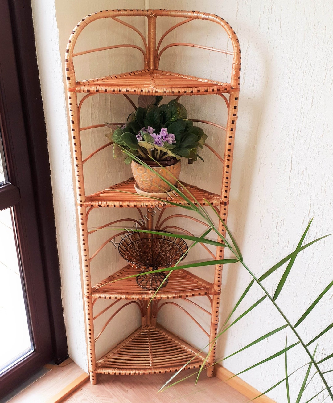 52 Inch Tall Corner Rattan Shelf Wicker Shelf ETAGERE Planter Arched