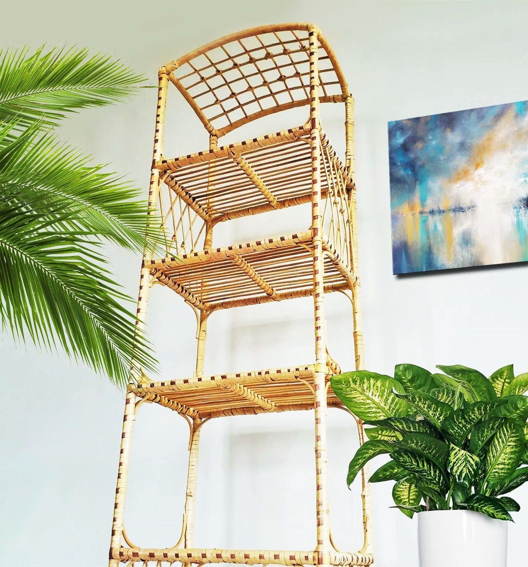 76 Extra Tall Rattan Shelf Vintage Wicker Arched Top Bookcase Planter