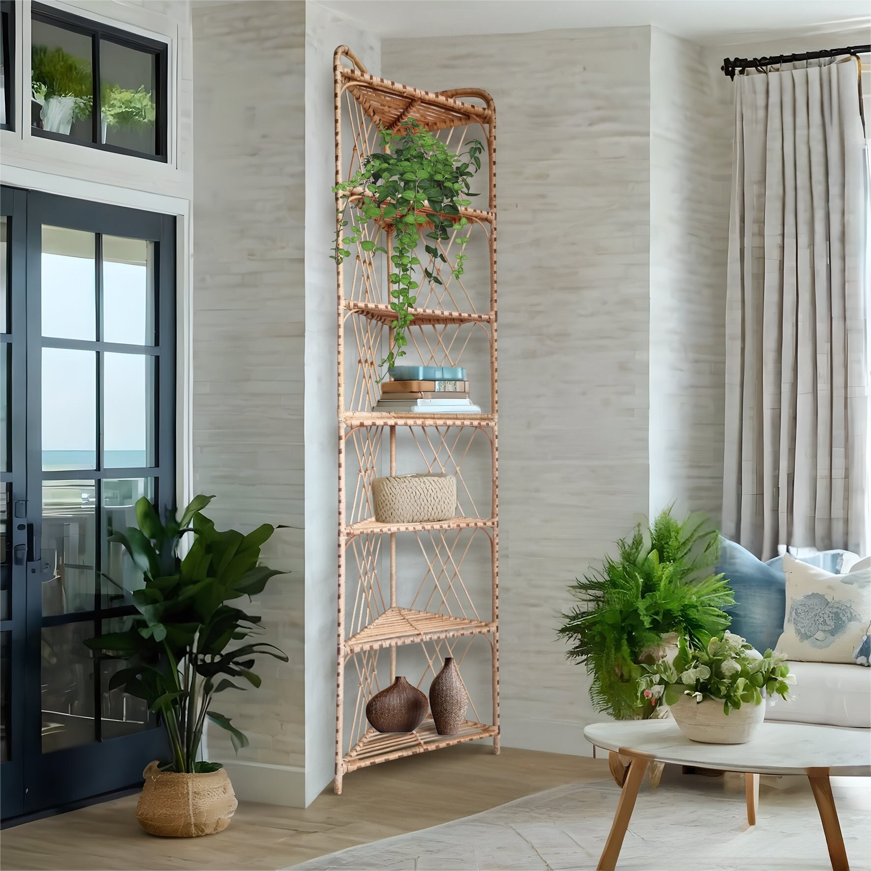 84” Extra Tall Corner Shelf, Rattan Shelf, Wicker Shelf, Rattan