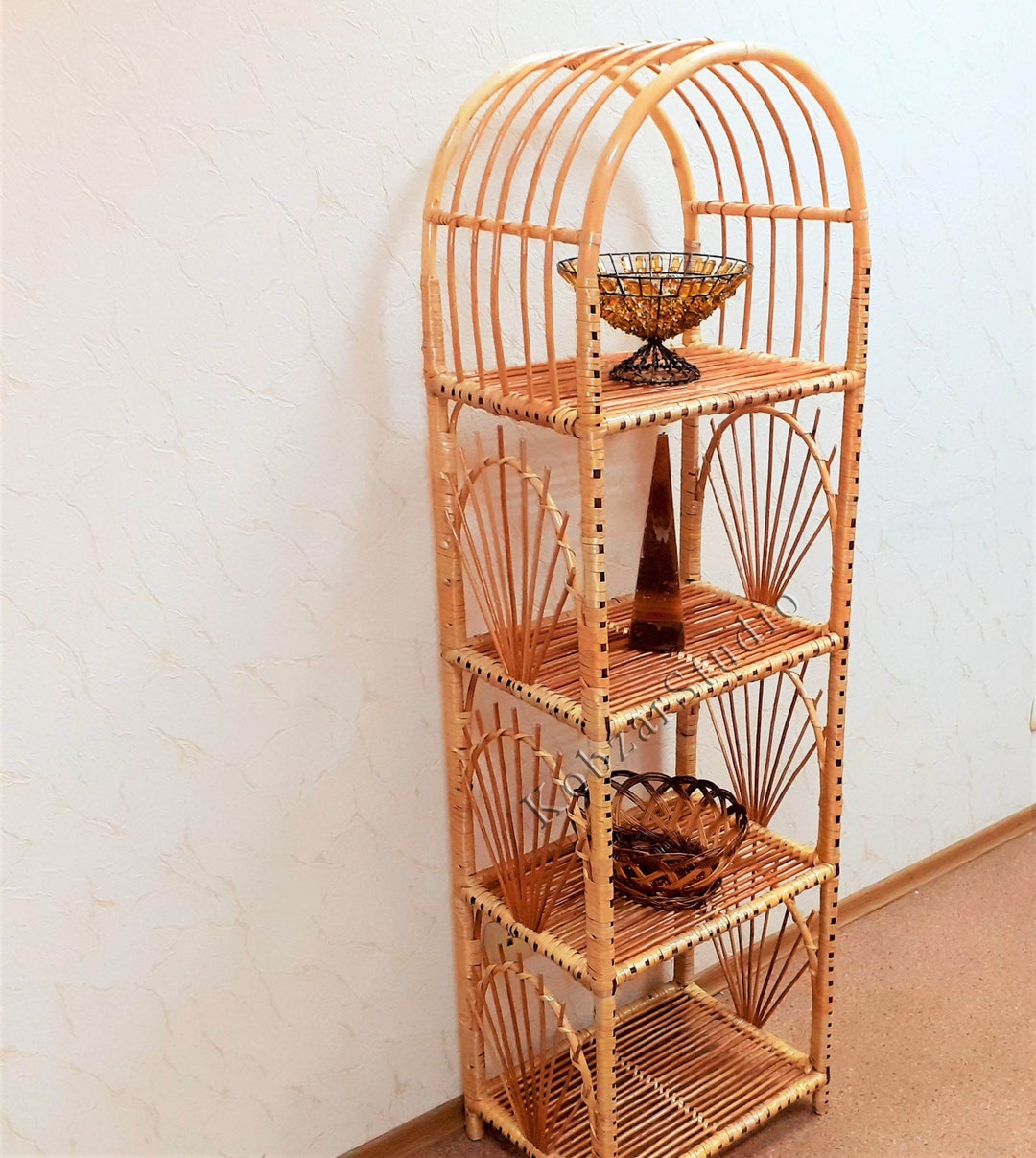 56/69 Inch Tall Vintage Shelf, Rattan Shelf, Wicker Shelf, Planter