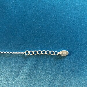 May include: Close-up of a silver chain with a lobster clasp and a small oval tag that says "925".