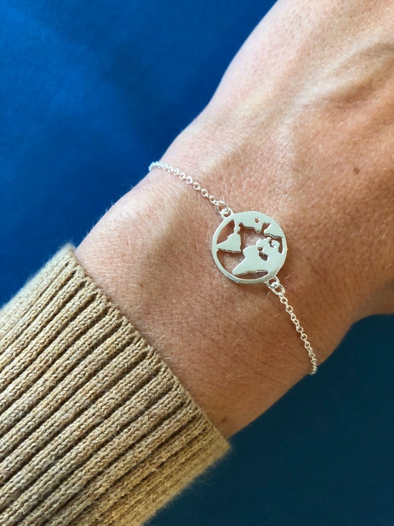 925 Sterling Silver World Map Globe Travel Bracelet - 100% of Proceeds Donated to Charity