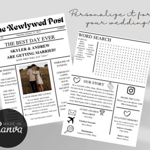 May include: A black and white newspaper style wedding announcement with the headline "The Best Day Ever" and the couple's names "Skyler & Andrew". The announcement includes a timeline of events, a word search puzzle, and a note from the couple.