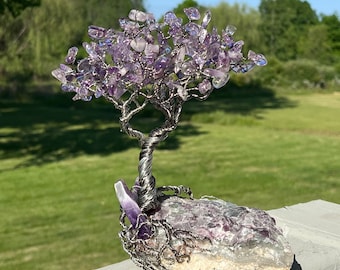 Amethyst & Rainbow Fluorite Wire Wrap Tree of Life Sculpture – Healing Crystal Gem Art –  Heart/Throat/Third Eye/Crown Chakras