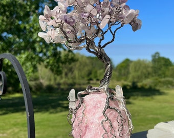 Rose Quartz & Amethyst Wire Wrap Tree of Life Sculpture – Healing Crystal Gem Art –  Heart/Crown Chakras