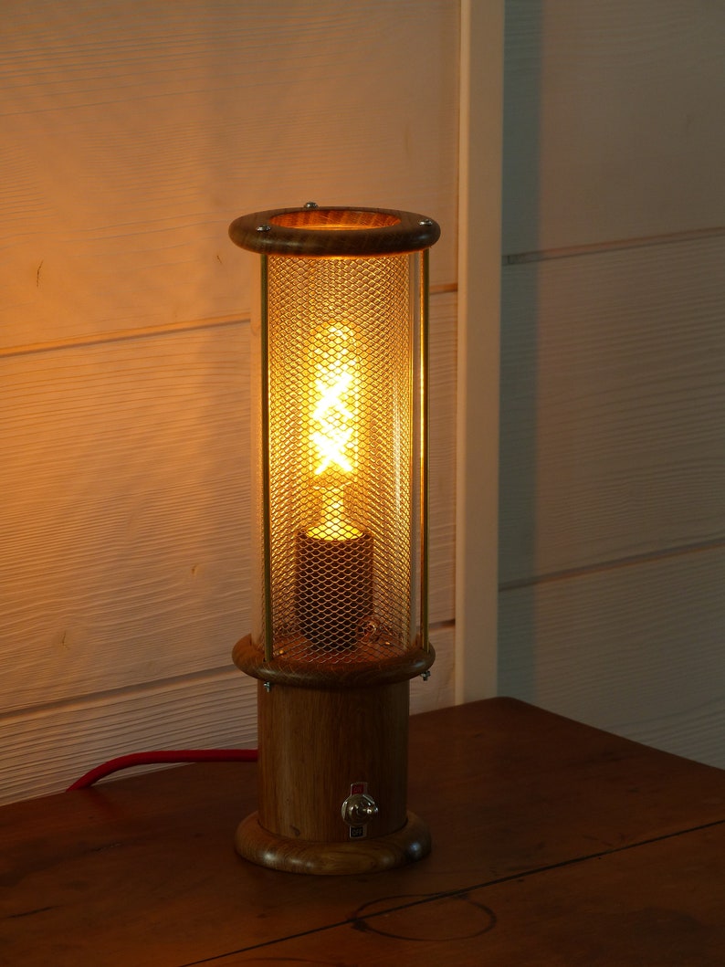Lamp Edison vintage led style safety lamp in the muffler and grid design steel turned oak plinth
