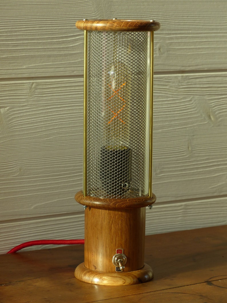 Lamp Edison vintage led style safety lamp in the muffler and grid design steel turned oak plinth