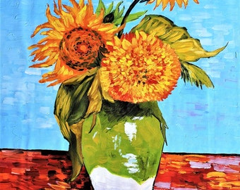 Three Sunflowers in a Vase - Vincent van Gogh Oil Painting on Canvas Reproduction Hand Painted Home Office Decor Wall Fine Art