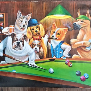 Dogs Playing Pool by Cassius Coolidge Oil Painting on Canvas Reproduction Hand Painted Home Office Decor Wall Fine Art image 2