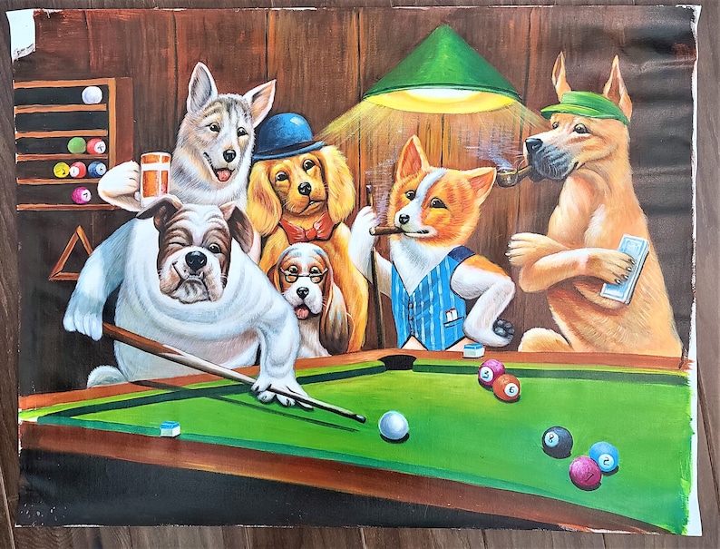 Dogs Playing Pool by Cassius Coolidge Oil Painting on Canvas Reproduction Hand Painted Home Office Decor Wall Fine Art image 2