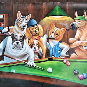 Dogs Playing Pool by Cassius Coolidge Oil Painting on Canvas Reproduction Hand Painted Home Office Decor Wall Fine Art 30 by 44 inches
