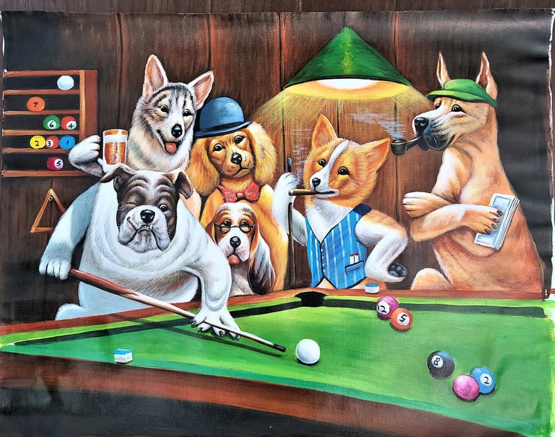 Dogs Playing Pool by Cassius Coolidge Oil Painting on Canvas Reproduction Hand Painted Home Office Decor Wall Fine Art 30 by 44 inches