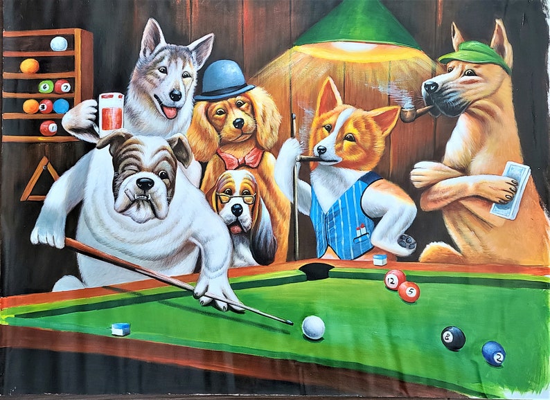 Dogs Playing Pool by Cassius Coolidge Oil Painting on Canvas Reproduction Hand Painted Home Office Decor Wall Fine Art 24 by 32 inches