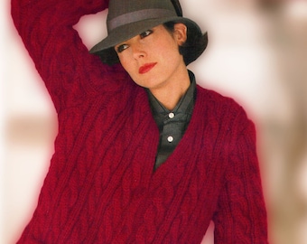Knitting sweater pattern Vintage knitting pattern Woman knitting in cable pattern cardigan