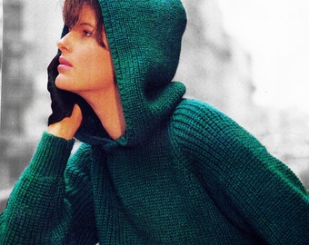 Knitting sweater pattern. Vintage knitting pattern. Hooded sweater knitting pattern. Woman knit pattern