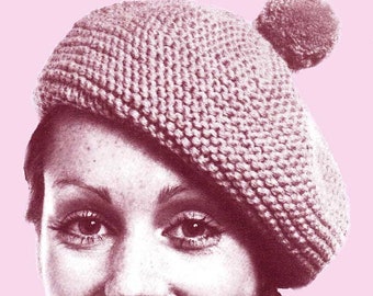 Knitting Woman hat pattern. Vintage knitting pattern. Woman hat knitting pattern. PDF pattern. Pom pon hat pattern.