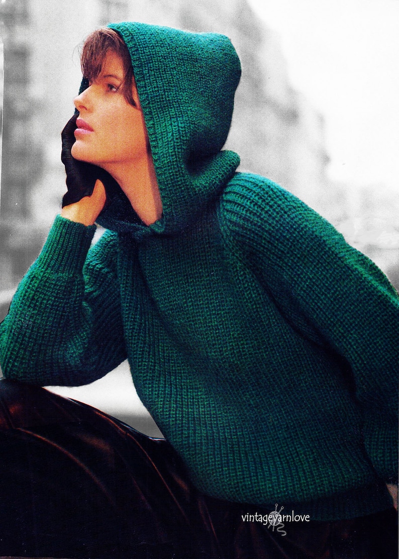 Knitting sweater pattern. Vintage knitting pattern. Hooded sweater knitting pattern. Woman knit pattern image 1