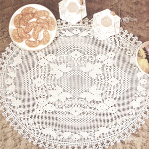 May include: A white crocheted doily with a delicate floral pattern, placed on a wooden table with two cups of coffee and a plate of cookies.