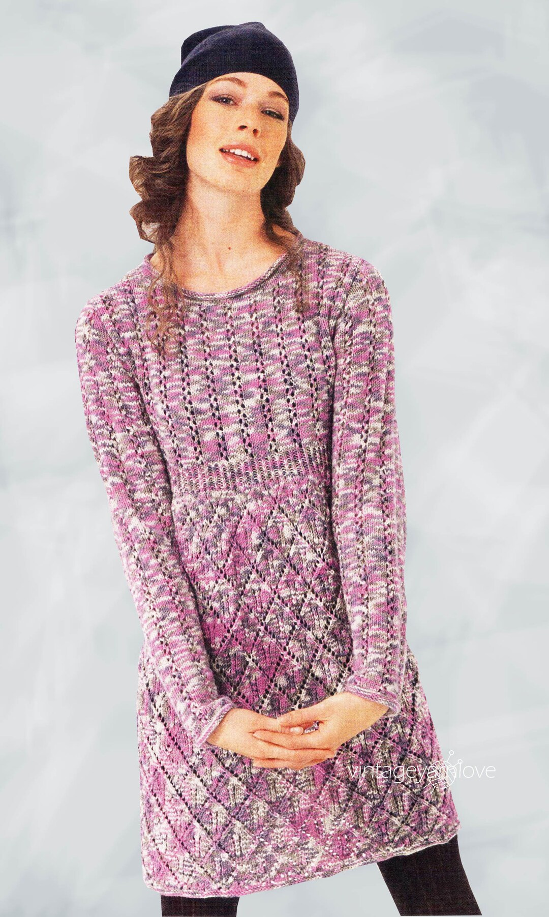 vintage dress knitting pattern 70s Trumpet Sleeve Dress Knitting Pattern, Long Bell Sleeves