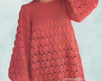 Patrón túnica de mujer a crochet. Patrón blusa mujer crochet Patrón crochet vintage Patrón blusa mangas anchas crochet