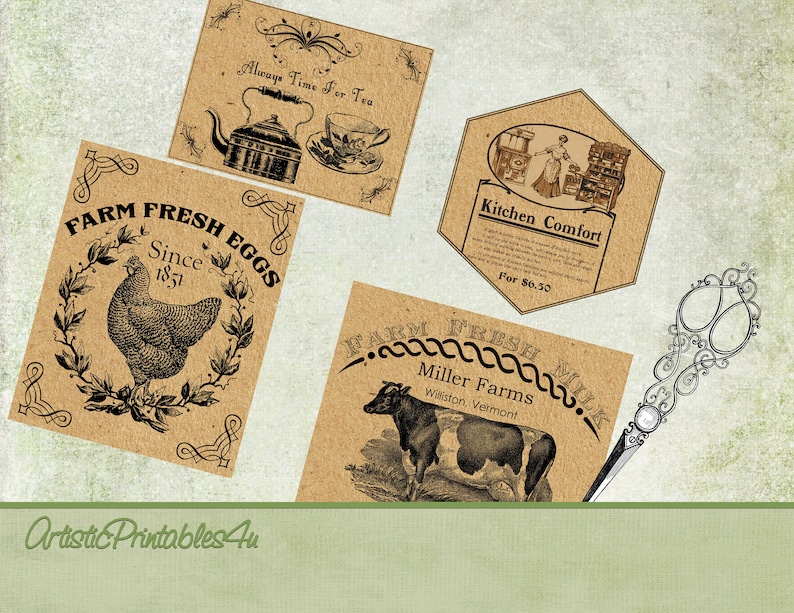 9 vintage kitchen labels digital printable country