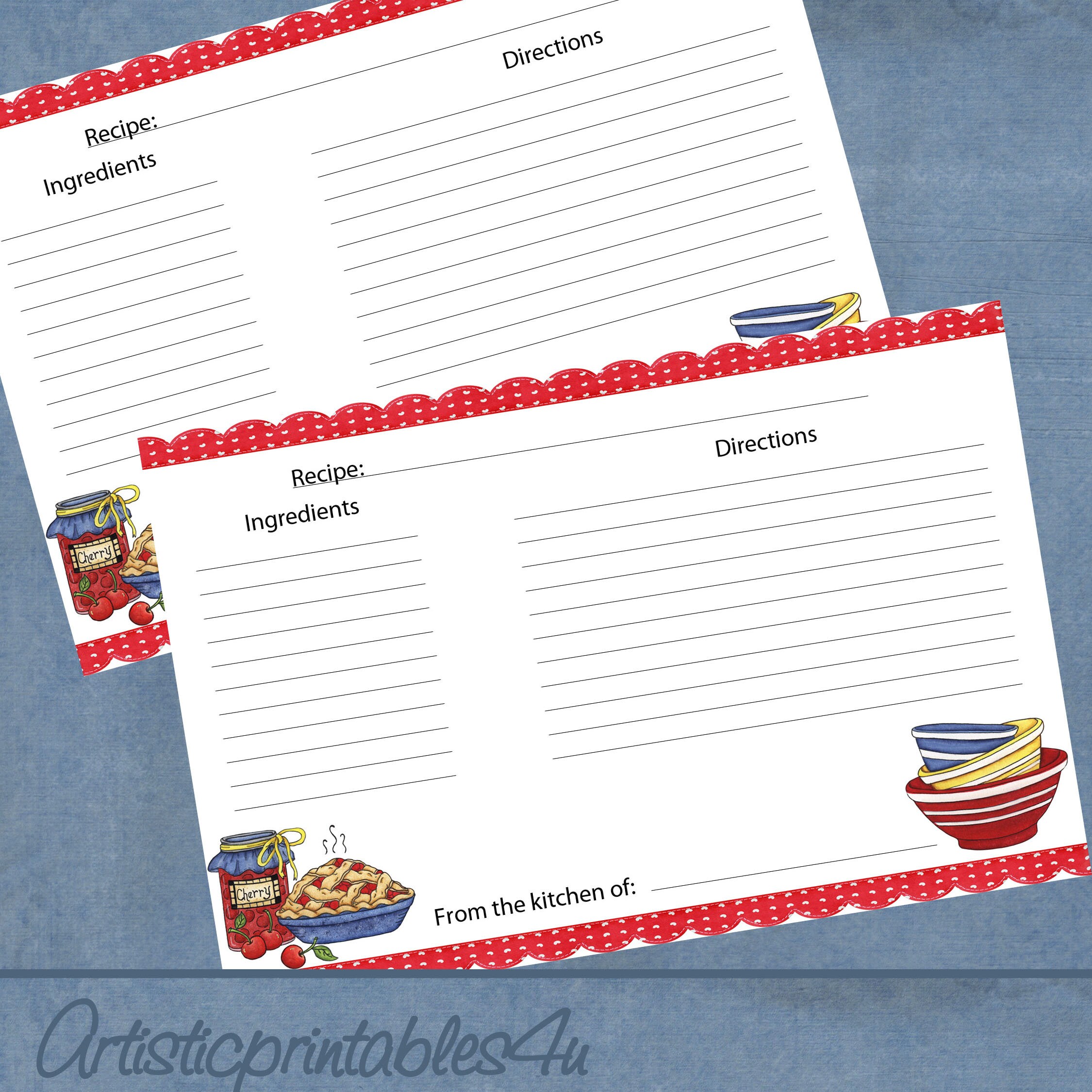 Printable 4 X 6 Recipe Cards, Instant Download, Includes Blank Recipe ...