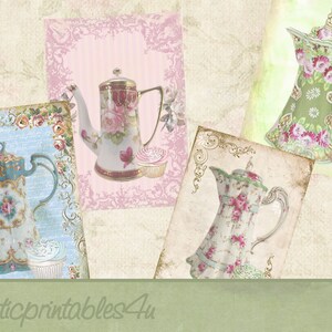 May include: Four vintage teapots with floral designs on a background of pastel colors and ornate frames. The teapots are in shades of blue, green, pink, and white.