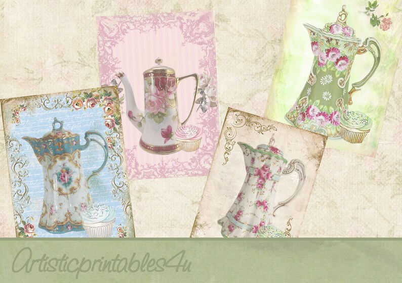 May include: Four vintage teapots with floral designs on a background of pastel colors and ornate frames. The teapots are in shades of blue, green, pink, and white.