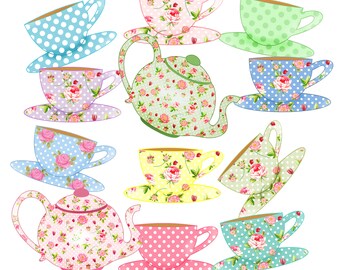 Clipart de taza de té elegante: teteras florales, gráficos de revistas basura (PNG, JPG)
