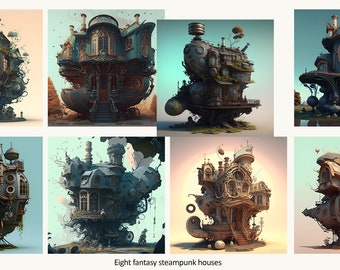 Steampunk House Clipart: Fantasy Collage Graphics (Digital Download)