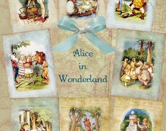 Alice in Wonderland Tags: Vintage Printable Collage Sheet (Digital Download)