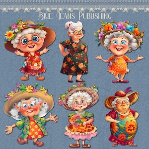 Puede incluir: Seis ilustraciones de dibujos animados de mujeres mayores que llevan vestidos florales y sombreros con flores. Las mujeres sonríen y tienen diferentes peinados y expresiones. El fondo es un patrón de mezclilla azul con ribete de encaje blanco.